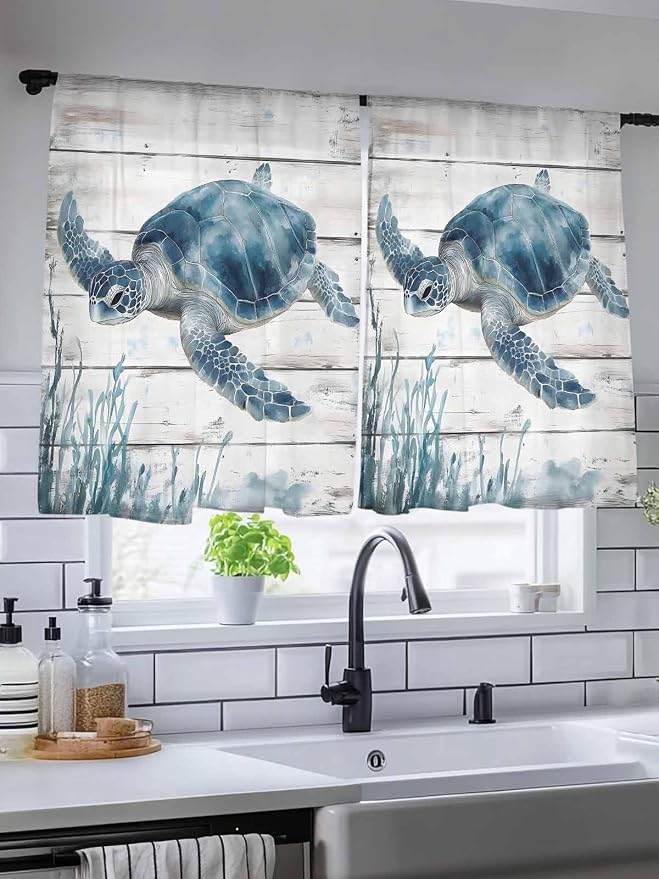Sheer Curtains 45 Inch Length, Ocean Sea Turtle Semi Sheer Curtains Light - Image 5
