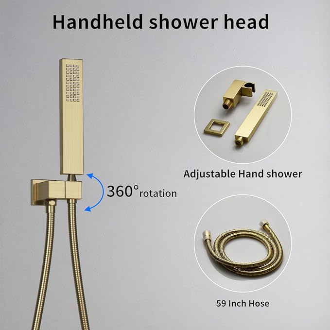 Bathroom Rainfall Shower System Wall Mount 8 Inch Shower Head With Handled Spray 6 Pcs jets Temperature Display Shower Faucet Set (Brushed Gold)