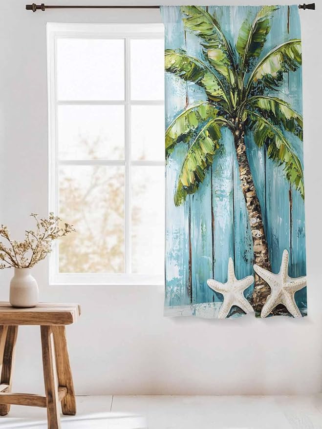 Sheer Curtains 72 Inches Long, Coastal Beach Starfish Semi Sheer Curtains Light - Image 3