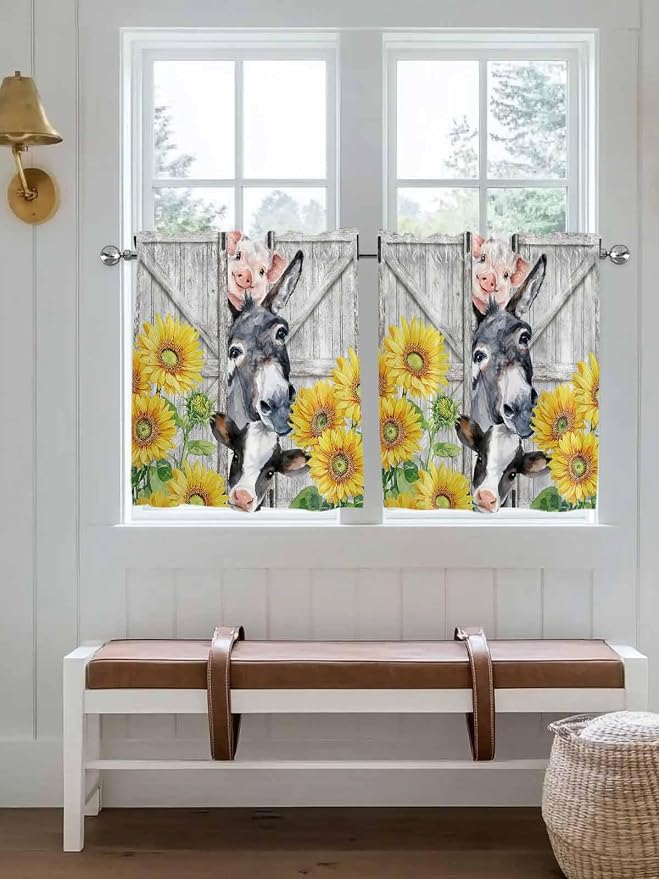 Farmhouse Half Window Curtains 24 Inches Long, Watercolor Sunflowers Animals - Image 4