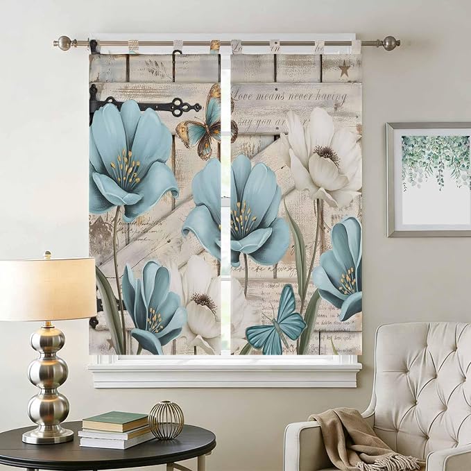 Teal Blue Tulips Bedroom Curtains 72 Inch Length, Window Curtains Tab Top - Image 2