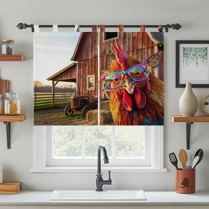 Farm Rooster Bedroom Curtains 63 Inch Length, Window Curtains Tab Top, - Image 3