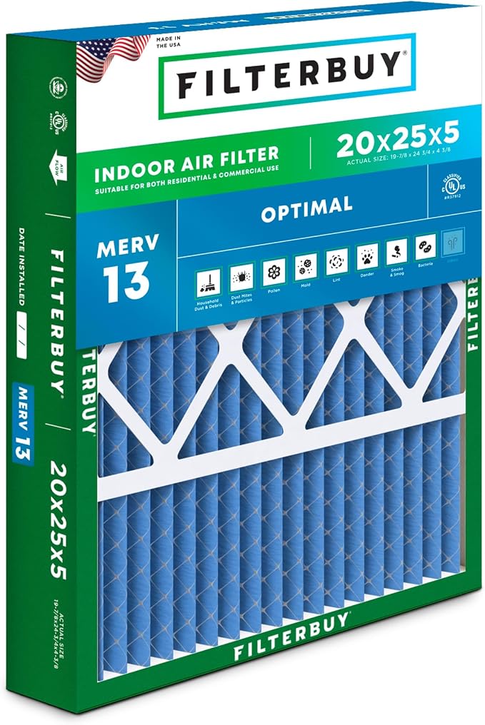 Filterbuy 20x25x5 Air Filter MERV 13 Optimal Smoke & Allergy Defense, Pleated by Filterbuy