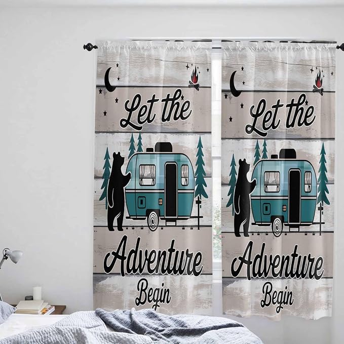 Farmhouse Bear Camper Van Tree Window Valance Curtains, Vintage Wood Grain - Image 8