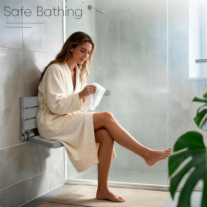 Wall Mounted Shower Seat – 16IN Teak Fold Down Shower Seat for Elderly, Disabled & Pregnant Women – Sturdy Shower Benches for Inside Shower with 400LB Capacity – 2025 Premium White Shower Bench