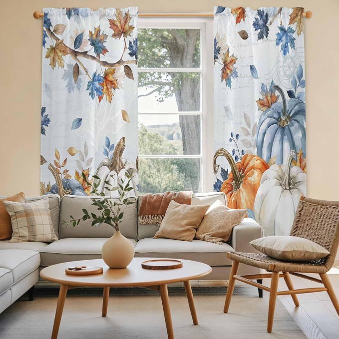 Fall Blue Maple Window Curtains 72 Inch Long 2 Panel Set, Rod Pocket Long - Image 3