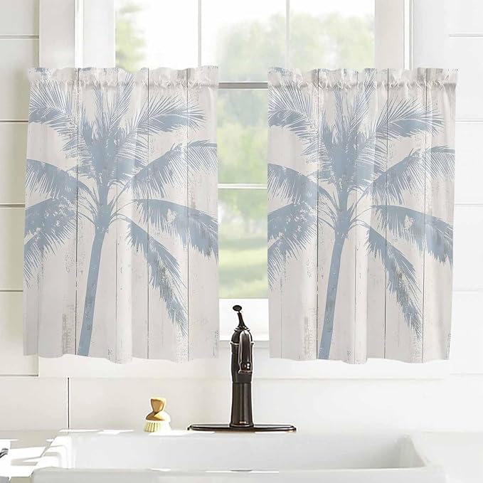 Summer Coconut Tree on Vintage Wood Grain Window Valance Curtains, Seaside - Image 2