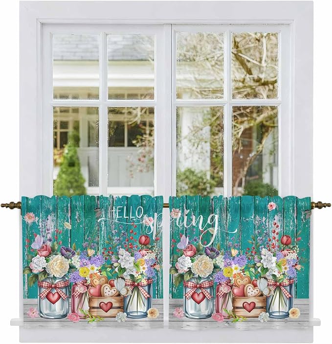 Spring Flowers Tier Curtains, Farmhouse Watercolor Teal Wood Grain Light by Unknown