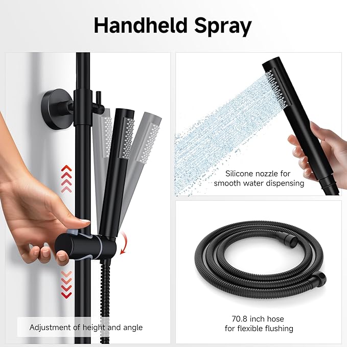 Rainsworth Outdoor Shower Kit Matte Black - Single Handle Brass Valve, 8 Inch Rain Shower Head and Handheld Spray Shower Fixture Combo, 304 Stainless Steel Wall Mount