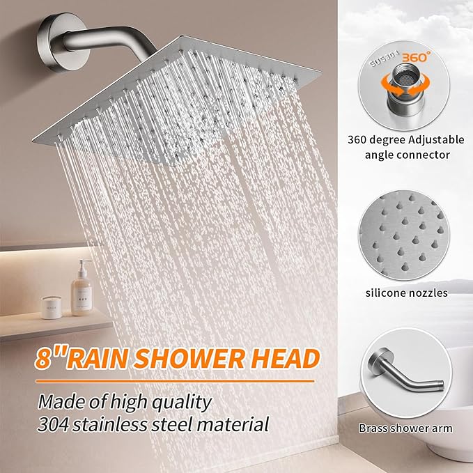 Brushed Nickel Shower Faucet Single Function Trim Kit with Rough-in Valve Set Bath Rainfall Shower System 8inch Square Stainless Steel Metal Shower Head