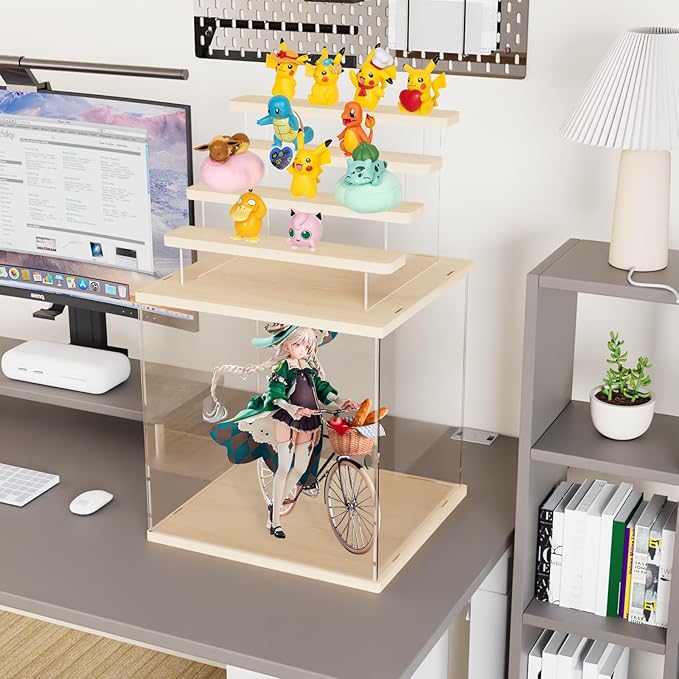 Choowin 5 Tier Clear Acrylic Lighted Display Case for Collectibles, Mini Figures, Pop Mart, Labubu, Sonny Angel, Smiski - Assemble Dustproof Display Box with Door, Stand (Wood Top Base, Clear Step)