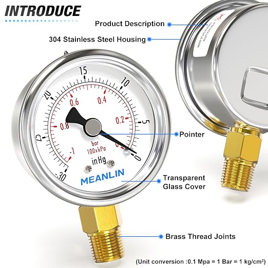 MEANLIN MEASURE -30inHG~0Psi Vacuum Gauge Stainless Steel 1/4" NPT 2" FACE DIAL - Image 4