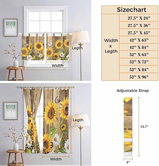 Farmhouse Sunflowers Kitchen Curtains 36 Inch Length, Small Window Curtains Tab - Image 8