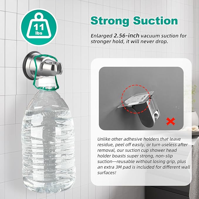 Hibbent Vacuum Suction Cup Shower Head Holder, Removable Shower Wand Bracket, Adjustable Height & Wall Mount ABS Plastic Suction Holder for Handheld Shower Head, Chrome Finish