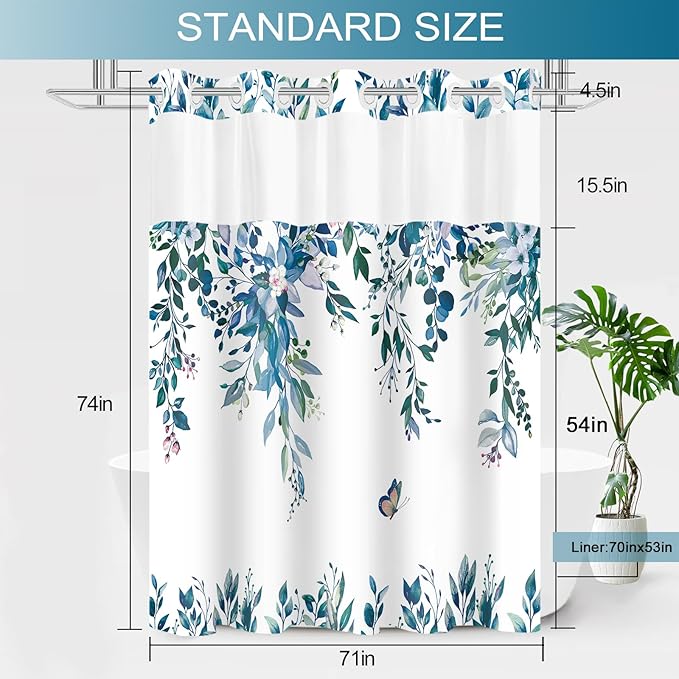 No Hook Shower Curtain and Liner Set, Dark Blue Eucalyptus Floral Shower Curtains for Bathroom, Bath Curtain Sets with Snap in Liner, Waterproof with See Through Top Window, 71x74 Inches