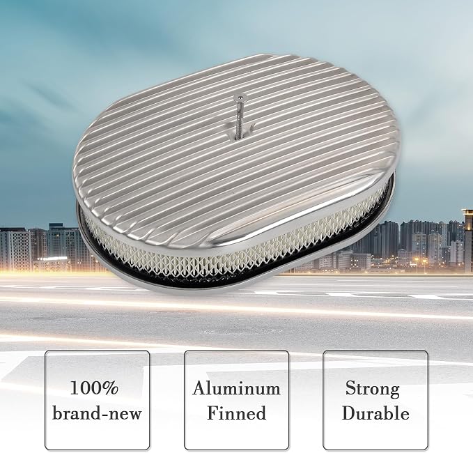12" Air Cleaner Kit Polished Aluminum Classic Nostalgia Oval Fully Finned - Image 4