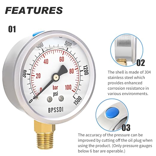 0-1500 Psi Glycerin Liquid Filled Hydraulic Pressure Gauge, 2.5" Dial Size - Image 4