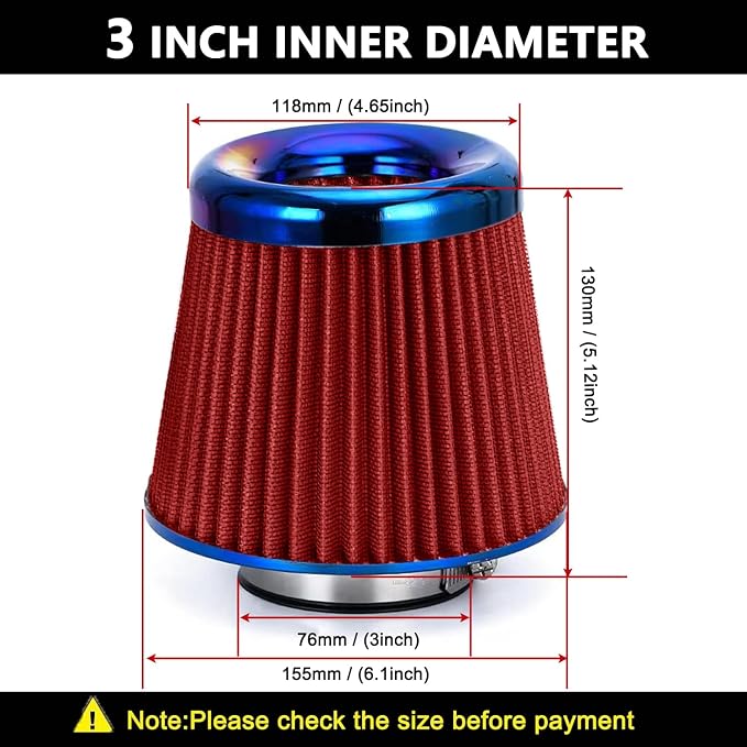 Cold Air Intake Filter, High Performance, Washable Filter, Clamp-On Replacement - Image 2