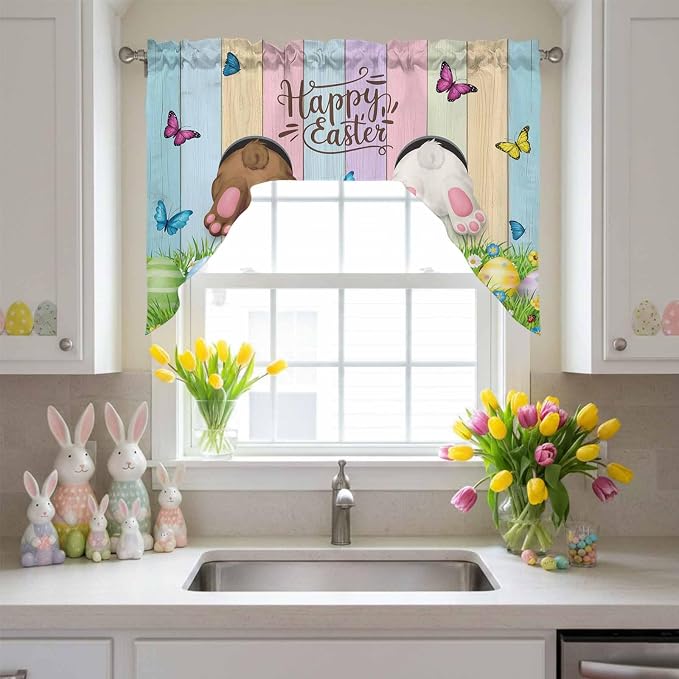 Swag Valance Curtains, Happy Easter Rabbit Butt Egg on Daisy Leaf Rod Pocket by Chees+D+Zone