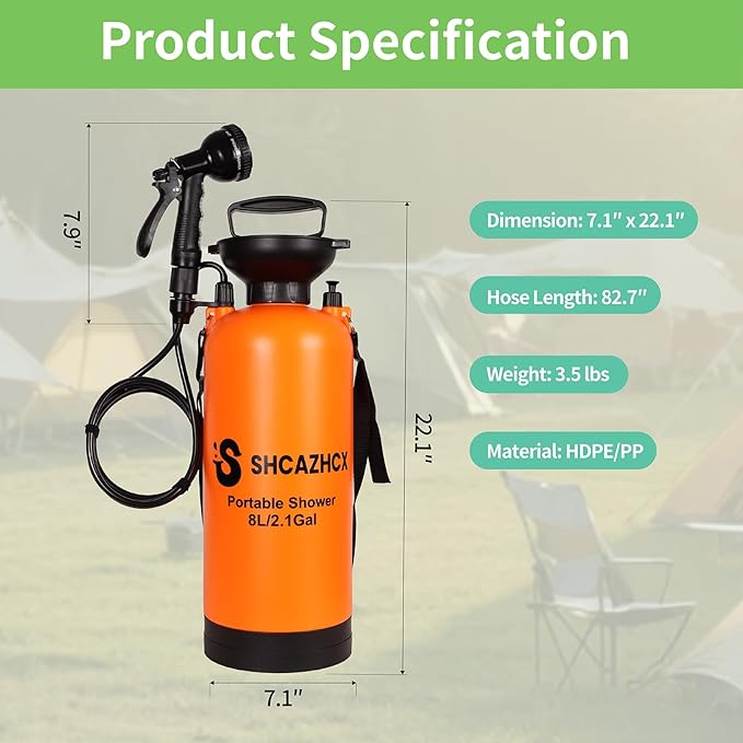 2.1 Gallon/8L Portable Shower, 10 Spray Modes, No Power Needed, Insulated Sleeve Keeps Water Warm, Multi-Use Sprayer for Camping, Beach & Surfing, Fishing, Hiking, Road Trips, Orange
