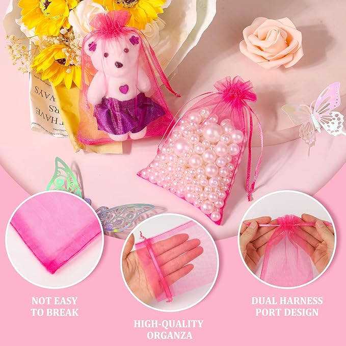 Hopttreely 100pcs Organza Drawstring Gift Bags, 4 x 4.72 inch Mesh, Hot Pink Satin Pouch Wedding Party Favor Bags
