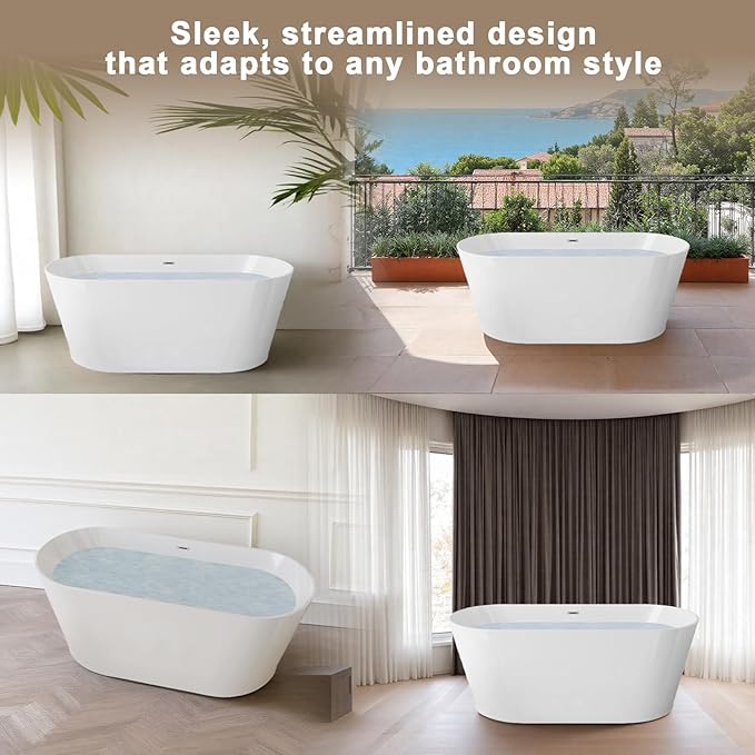 Zavdte 59'' Freestanding Acrylic Bathtub, Gloss White Stand Alone Soaking Tub with Toe-tap Chrome Drain, Double-Wall Insulation, CUPC Certified, Easy Install & Spacious Design