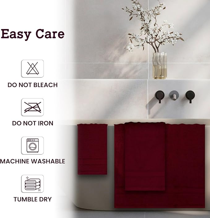 Casa Lino 4 Piece Bath Towel Set | 1 Bath Towel, 2 Wash Cloth, 1 Hand Towels | Bathroom Essentials for New Home, 100% Cotton Luxury Towels, Highly Absorbent Bathroom Set, Burgundy.