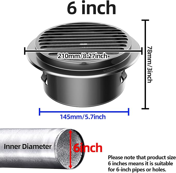 6" in Heavy Duty Thickened 304 Stainless Steel Air Vent Cover Louvered Grille - Image 4