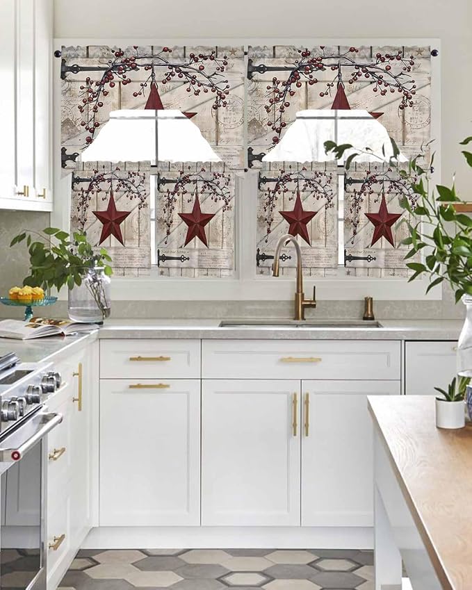 Village Stars Swag Kitchen Curtains Valance and Tier Set, Vintage Dark Red Star - Image 3