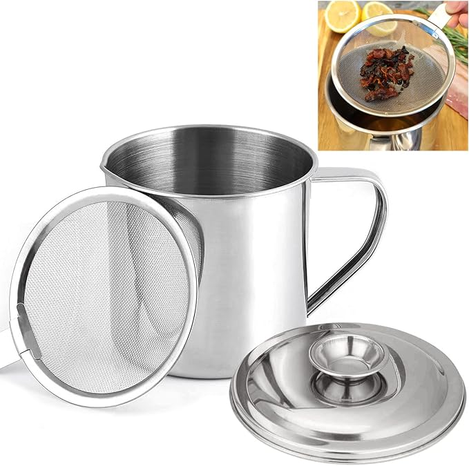 Bacon Grease Container with Strainer, Stainless Steel Oil Storage Can Container by KEISSCO