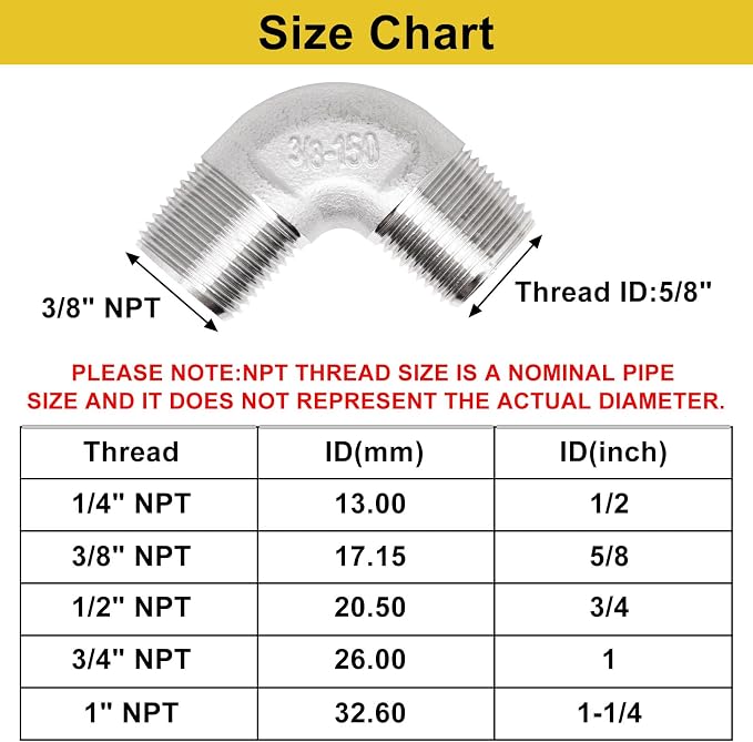 3/8" x 3/8" NPT 90 Degree Elbow 304 Stainless Steel Pipe Fittings Male Threaded - Image 2