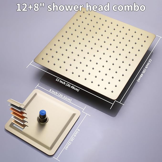 Temperature Display Brushed Gold Shower System Set, Push Button Shower Faucet with 2 Rainfall Shower Head(12+8 inch), with Handheld Shower