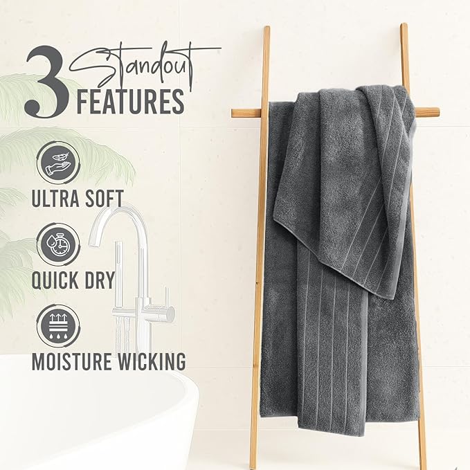 DAN River Extra Large Bath Towels Set of 4, 30 x 60 Inches - 100% Cotton Larger & Lighter Weight Towels for Bathroom - Quicker to Dry, Super Soft & Highly Absorbent Towels for Home, Gray