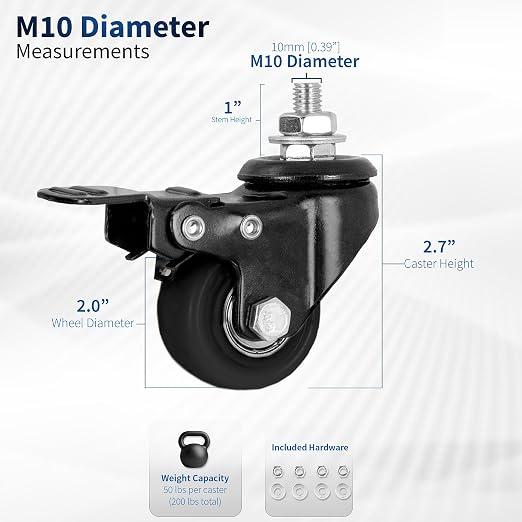 VIVO 2 inch M10 Threaded Locking Casters, Heavy Duty Replacement Wheels - Image 2