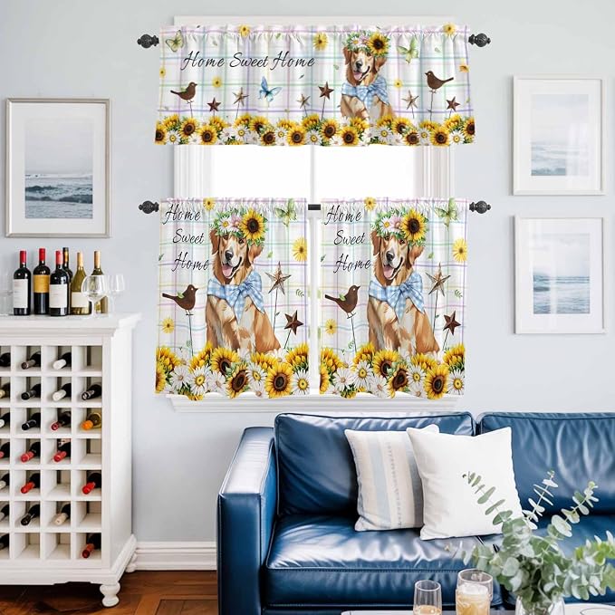 Kitchen Curtains Tiers and Valance Set of 3, Sunflowers Dog Light Filtering - Image 6