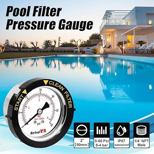 60PSI Pool Filter Pressure Gauge, 2 inches Dial, 1/4" NPT Back Mount, - Image 2