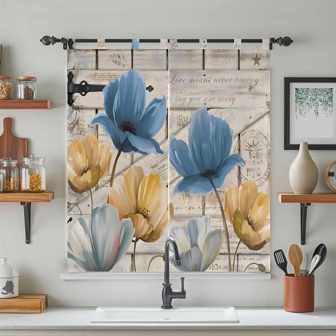 Blue Yellow Tulips Bathroom Curtains 63 Inch Length, Window Curtains Tab Top - Image 3