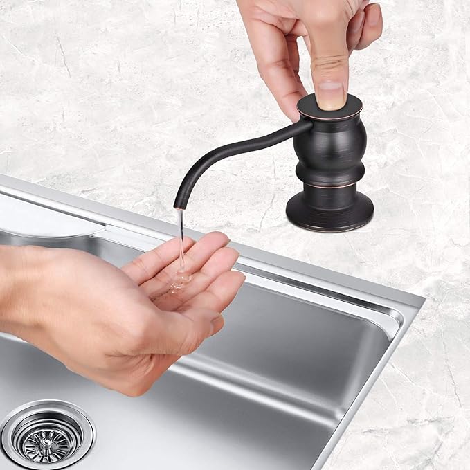 Samodra Kitchen Sink Soap/Lotion Dispenser, Brass Pump Head Oil Rubbed Bronze 12 OZ Bottle Built in Design Refill from The Top for Granite Thick Deck Installs