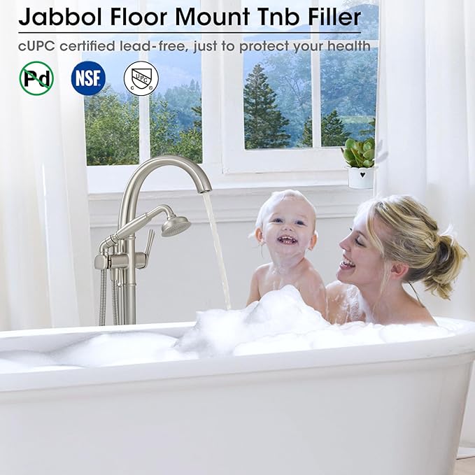 Free Standing Tub Faucet, Jabbol Luxury Freestanding Bathtub Faucet with Sprayer, Brass Bathroom Floor Mount Tub Filler, Brushed Nickel (JB-8811BN)