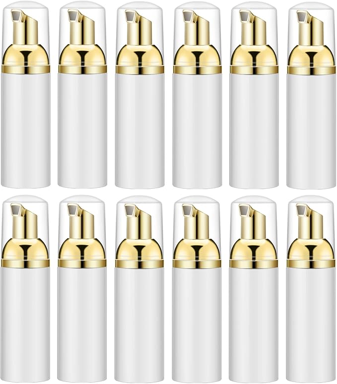 Lil Ray 2 Oz Empty White Foam Pump Bottle, Foamer Soap Dispenser for Lash Shampoo, Hand Soap, Foaming Cleaner(Gold Pump, 12 PCS)