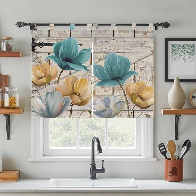 Watercolor Flowers Kitchen Curtains 45 Inch Length, Short Cafe Window Curtains - Image 3