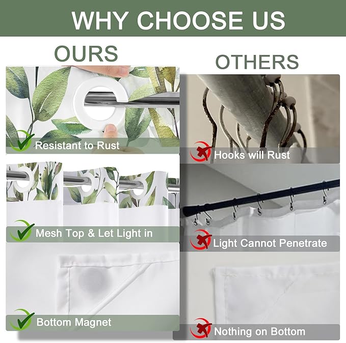 No Hook Shower Curtain and Liner Set, Sage Green Eucalyptus Floral Shower Curtains for Bathroom, Bath Curtain Sets with Snap in Liner, Waterproof with See Through Top Window, 71x84 Inches