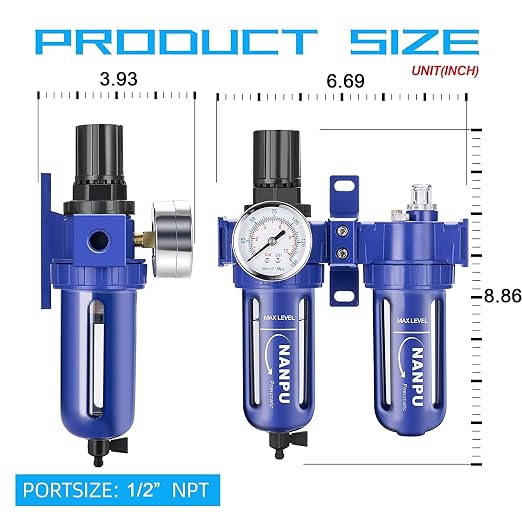 NANPU 1/2" NPT Compressed Air Filter Regulator Lubricator, Zinc Alloy, 5 Micron - Image 2