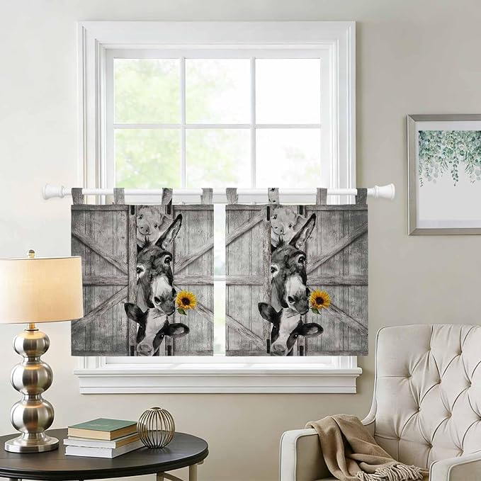 Funny Farm Animals Kitchen Curtains 24 Inch Length, Small Window Curtains Tab - Image 2