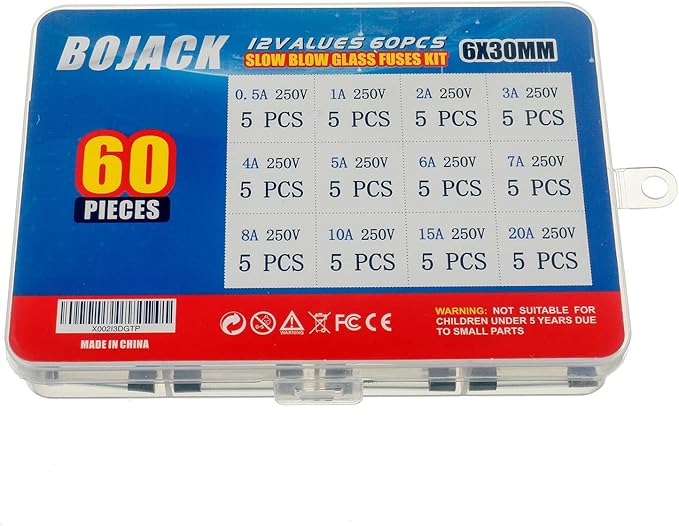 BOJACK 12 Values 60 Pcs Slow Blow Glass Fuses Assortment Kit 6x30 mm 250V T - Image 3