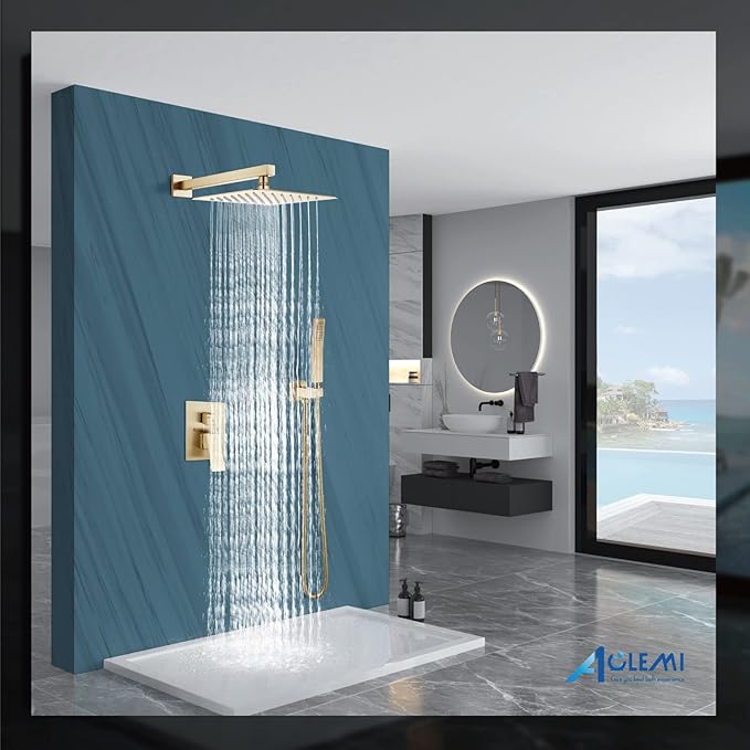 Aolemi Shower Faucet Set Rain Shower System with Handheld Spray Bathroom Shower Combo Rough-in Valve and Shower Trim Kit Included Brushed Gold 10 Inch Wall Mount Shower Head