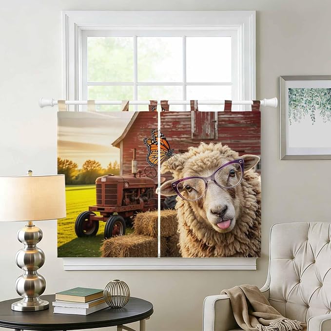 Farm Sheep Kitchen Curtains 45 Inch Length, Short Cafe Window Curtains Tab Top - Image 2
