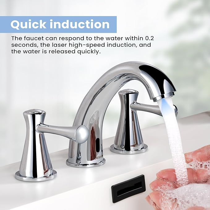 Touchless Bathroom Faucet for 3 Holes with 3 Handles, Controlling Temperature & Adjustable Water Flow, Short & Long Induction Modes, Auto Motion Sensor Chromed Bathroom Faucet Set 29180