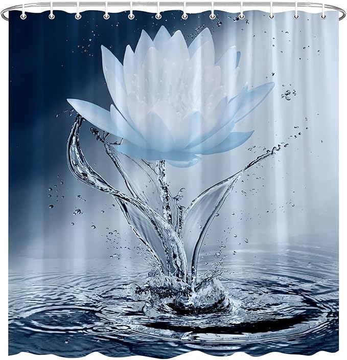 Lotus Shower Curtain Blue Flower Elegant Blooming Floral with Dew Spring Flower Reflection on Water Modern Romantic Polyester Fabric Bathroom Decor 70×96 Inch with Hook