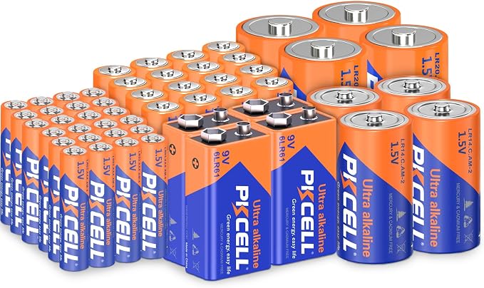 PKCELL 52 Counts Alkaline Battery Variety Pack, 16 AA, 24 AAA, 4 C, 4 D by Pkcell